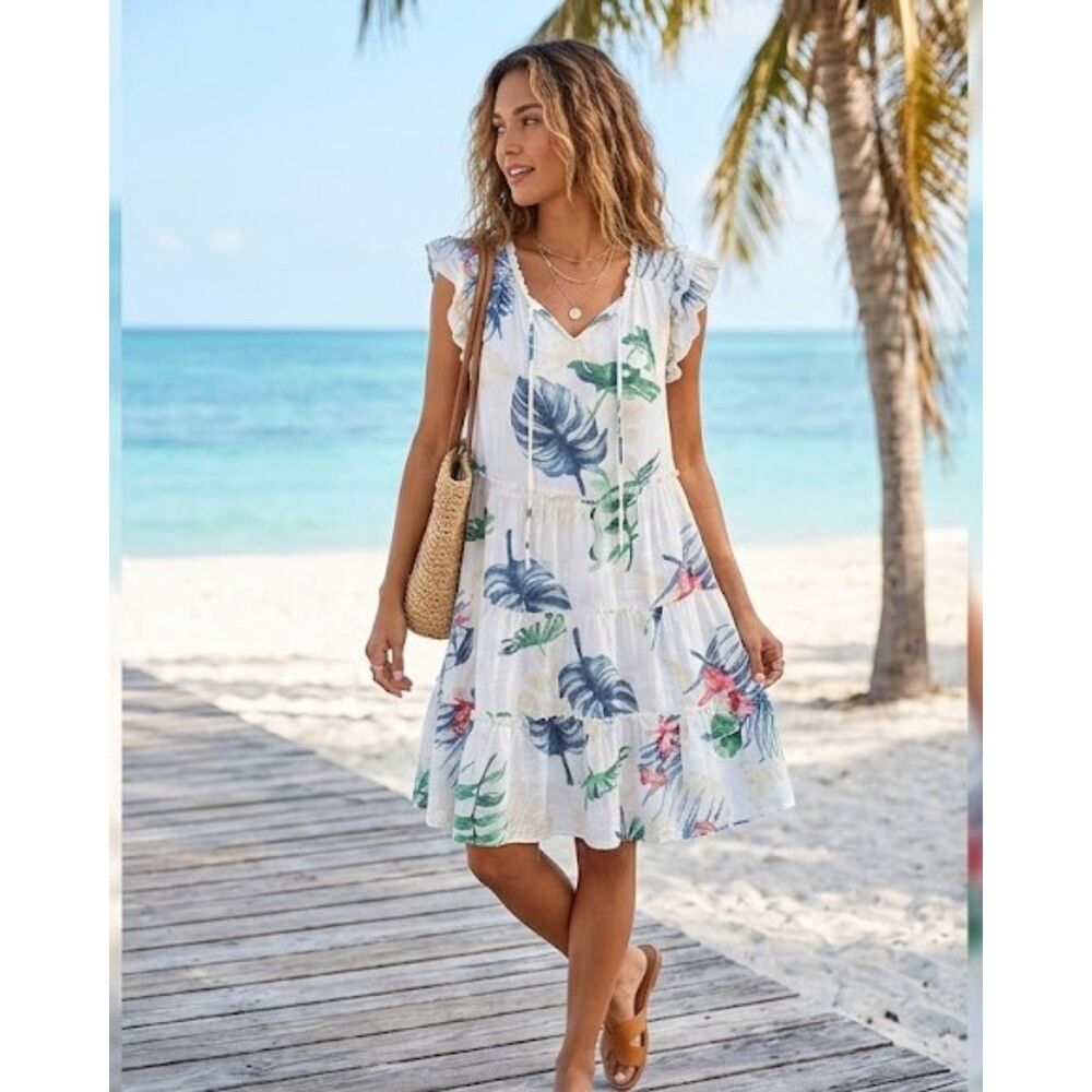 Indigo Rose Tropical Print Tiered Mini Dress Medium Ruffle Sleeve Resort